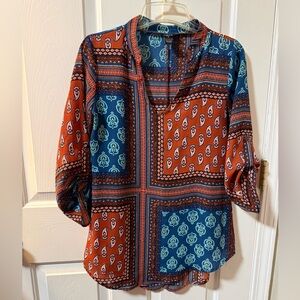 Rue21 Vibrant Blue and Red Patchwork 3/4 Sleeve Boho Blouse Festival Hippie Sz S